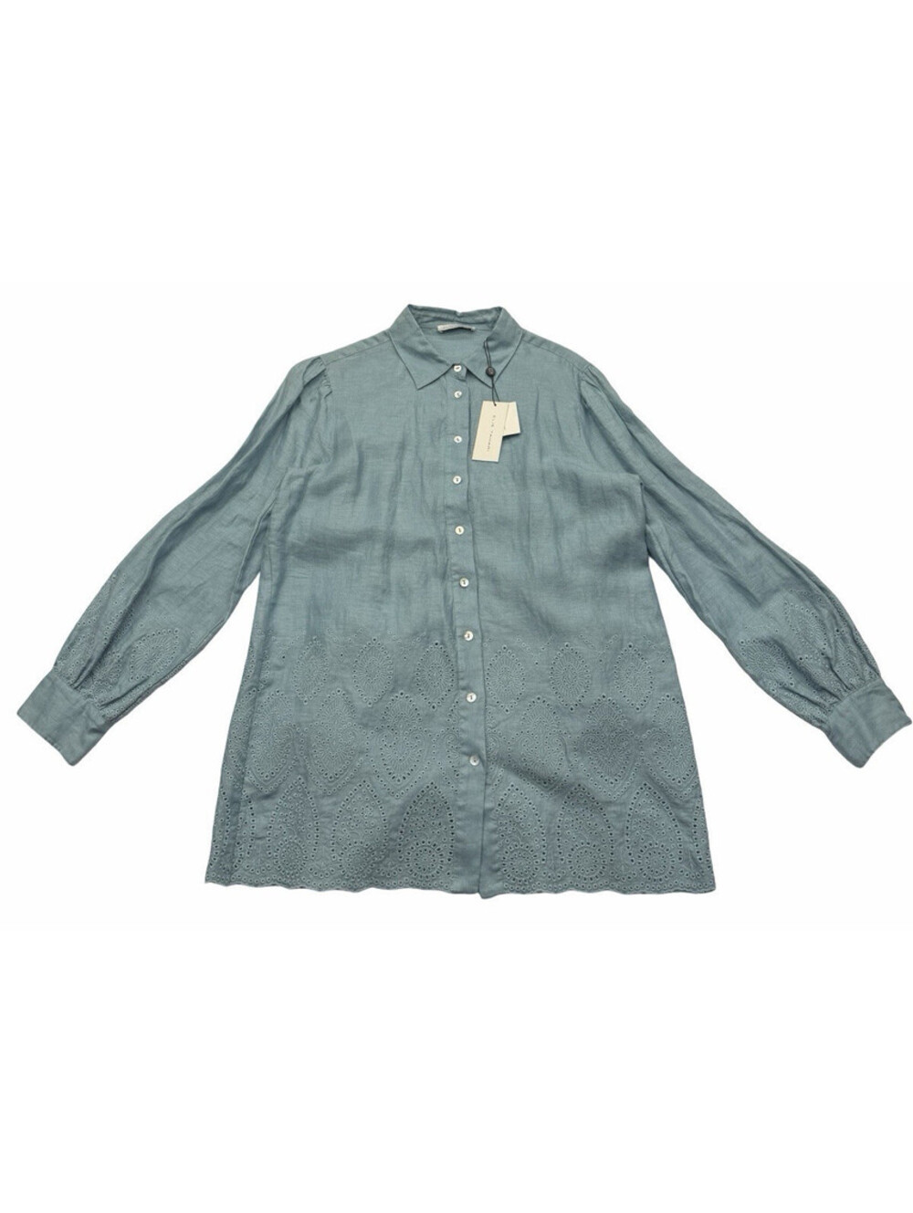 Elie Tahari Lesley Shirt & Pant 2 Piece Set Embroidered Linen Blue Breeze Size M - Picture 2 of 11